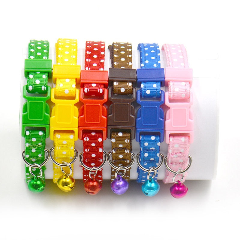 Adjustable Dot Print Pet Collar with Bell - 6 Colors for Cats & Dogs