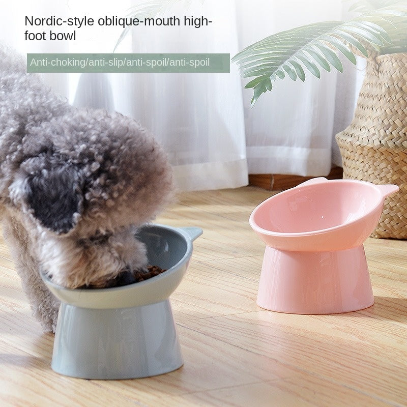 Elevated Cat Bowl with Tilted Neck Protection, Anti-Tip Plastic Feeding and Watering Bowl for Pets