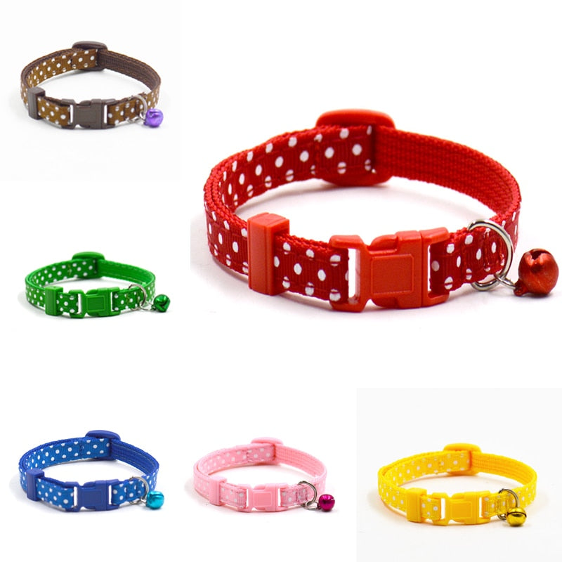 Adjustable Dot Print Pet Collar with Bell - 6 Colors for Cats & Dogs