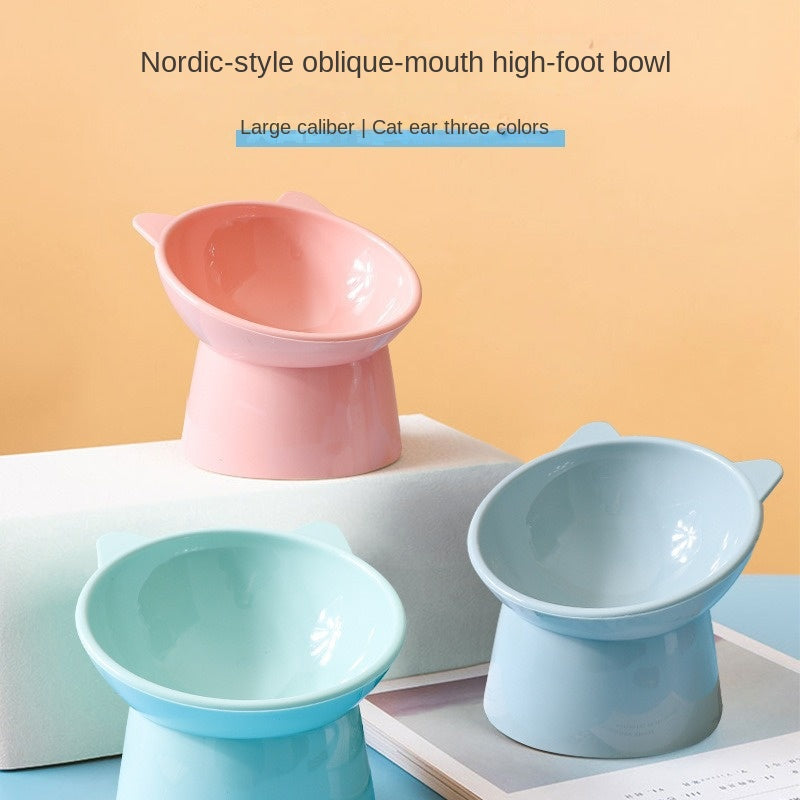 Elevated Cat Bowl with Tilted Neck Protection, Anti-Tip Plastic Feeding and Watering Bowl for Pets