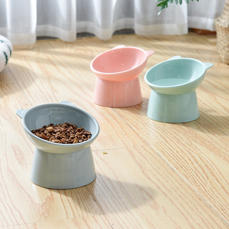 Elevated Cat Bowl with Tilted Neck Protection, Anti-Tip Plastic Feeding and Watering Bowl for Pets